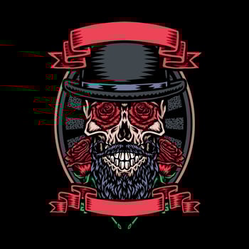 Skull in bowler hat with rose flower, vector illustration