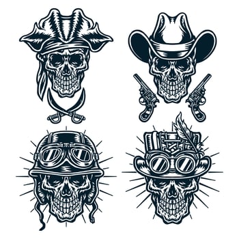 Set of skulls wearing hats, cowboys, steampunk, helmets and pirates, Isolated on white background. vector