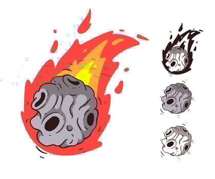 Meteors collection with falling comets. Asteroids. The volcano. Crater in cartoon style. vector