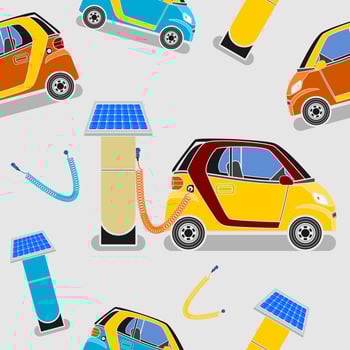 Editable Solar Energy Electric Car Charging Vector Illustration Seamless Pattern for Creating Background of Futuristic Eco-friendly Vehicle Industry and Green Life or Renewable Energy Campaign