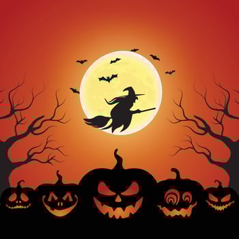 A witch flying on a Spooky full moon Night time. Scary Halloween pumpkin and bat isolated background. vector