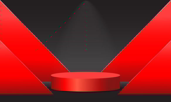 3d background products with a round red shape for displaying products. There is a red triangle on the side. The product stand has a flashlight coming down. Emphasis on spot elegance vector