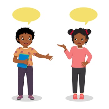 happy cute kids little African boy and girl talking each other with speech bubble vector