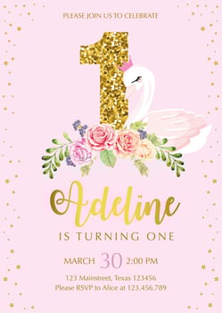 first birthday invitation with cute swan vector