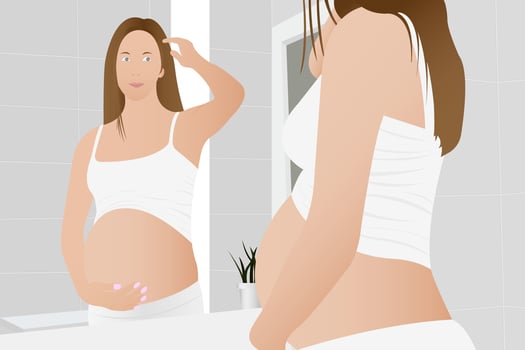 Beautiful pregnant woman, expectant mother hugging her belly with her hands vector