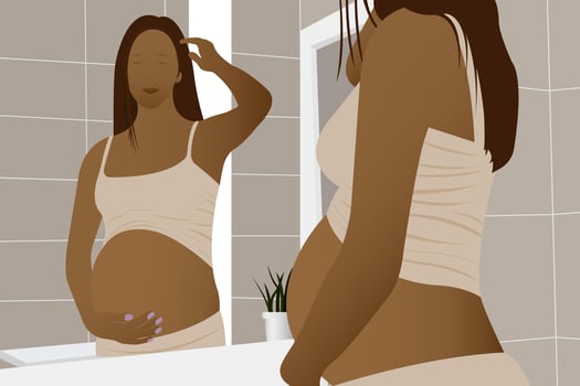 Beautiful pregnant woman, african american woman with dark skin and dark hair, expectant mother hugging her belly with her hands vector