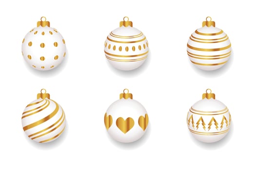 Gold Christmas ball with snow effect set. Xmas ball on white background. Holiday decoration template. Vector illustration