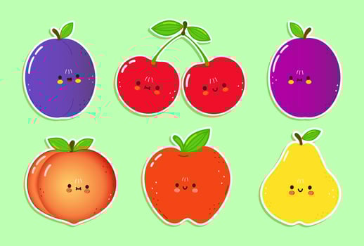 Cute happy fruit icons set. Vector hand drawn trendy cartoon character illustration. Set of fruits for a postcard, concept of a set of labels