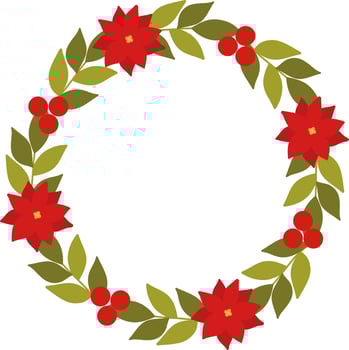 Red poinsettia wreath with berries and leaves vector