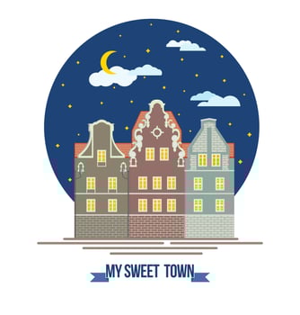 Classic European old city houses landscape Buildings and facades Night cozy town street Flat design style vector