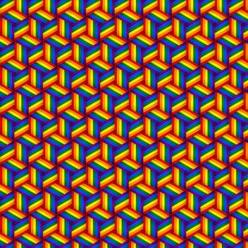 Vector illustration of wallpaper, background and flag with rainbow pattern. Geometric pattern of cubes with LGBT faces. Abstract geometric background.