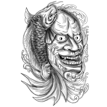 Hannya Mask Koi Fish Cascading Water Tattoo png