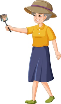 Female senior cartoon character taking selfie vector