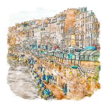 Architecture Paris France Watercolor sketch hand drawn illustration vector