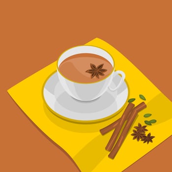 Editable Three-Quarter Top View White Cup of Masala Chai Vector Illustration With Star Anise and Herb Spices on Yellow Napkin for Artwork Element of Beverages With South Asian Culture and Tradition