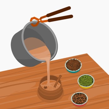 Editable Three-Quarter Top View Vector Illustration of Pouring Masala Chai from Pan into Pottery Cup with Bowls of Herb Spices on Wooden Table for South Asian Culture and Tradition Beverages Concept