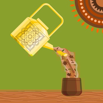 Editable Side View Vector Illustration of Pouring Masala Chai and Its Ingredients from Patterned Metal Kettle into Pottery Cup on Wooden Table with Indian Circle Motif on The Wall Background