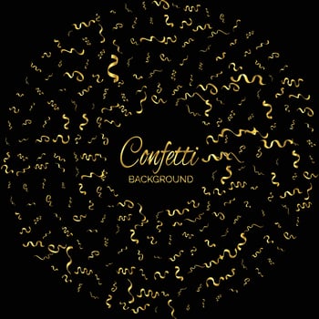 Golden Confetti And Streamer Ribbon Falling On Black Background. Vector