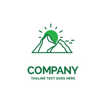 hill. landscape. nature. mountain. sun Flat Business Logo template. Creative Green Brand Name Design. vector