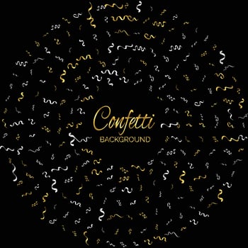 Golden Confetti And Streamer Ribbon Falling On Black Background. Vector