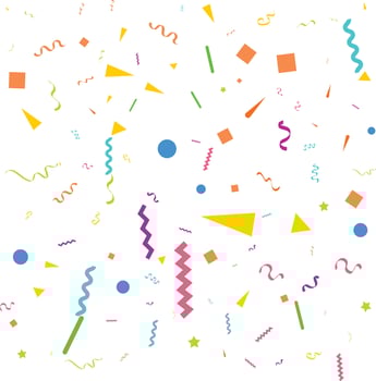 Vector abstract White Background with many falling tiny colorful confetti pieces and ribbon. Carnival. Christmas or New Year decoration colorful party pennants for birthday. festival