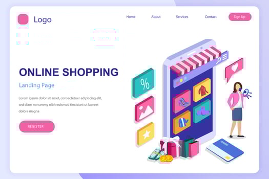 Online shopping isometric concept. Landing page website flat vector template