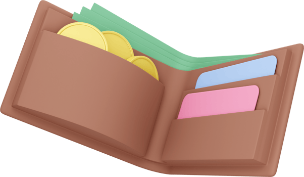 Wallet with coins, bills and credit cards. PNG icon on transparent background.