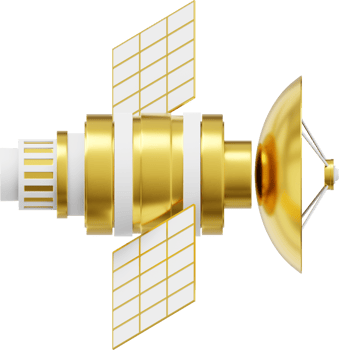 Space satellite with an antenna. Orbital communication station intelligence, research. 3D rendering. Metallic gold PNG icon on transparent background.