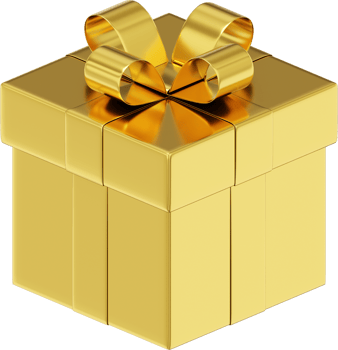 Realistic gold gift box with ribbon. 3D rendering. PNG Icon on transparent background.