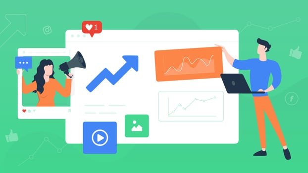 People are working on marketing growth. Vector flat modern design illustration.