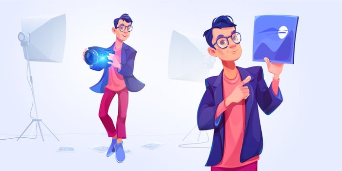 Photographer man with camera and light equipment vector