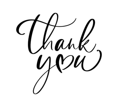 Hand drawn vintage vector text Thank you and heart. Calligraphy lettering love autumn romantic valentines illustration for wedding, Thanksgiving Day, greeting card. Isolated on white
