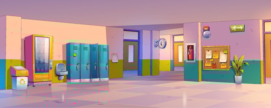 School hallway, corridor interior with lockers vector