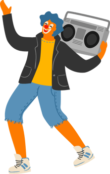 Clown with a tape recorder. Illustration png