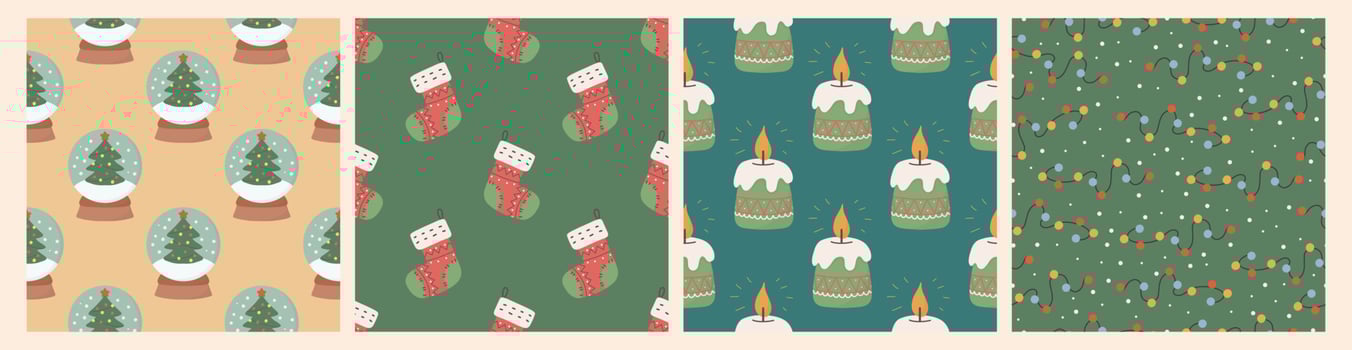 Collection of Christmas holiday flat vector seamless pattern. Traditional xmas attributes decorative backdrop