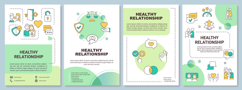 Healthy relationship characteristics green brochure template. Leaflet design with linear icons. 4 vector layouts for presentation, annual reports.