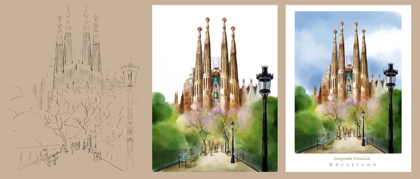 Barcelona Architecture Cathedrals watercolor vector drawing. For illustrations. Gaudi's Cathedral, architecture in barcelona, vintage engraved illustration, hand drawn, sketch