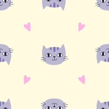 Seamless Pattern with Purple Cat Head and Heart on Yellow Background. Perfect for Nursery Wallpaper, Children's Textiles, Wrapping Paper vector