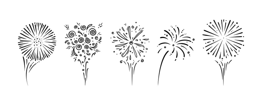 Doodle firework set. Shiny foreworks for parties and celebrations. Outline vector illustration