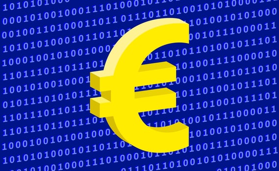 Euro symbol isolated on zero and one binary code. Digital euro CBDC vector