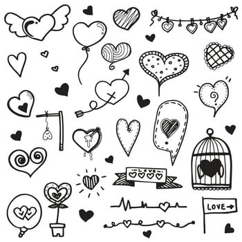 collection set of hand drawn cute heart doodle Valentine's elements, shape of love heart design vector illustration