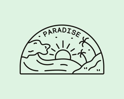 The paradise on the beach in monoline design for badge, sticker, patch, t shirt design, etc vector