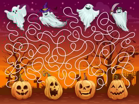 Halloween labyrinth maze with ghosts and pumpkin vector