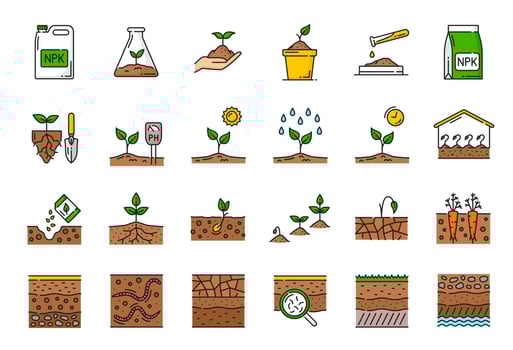 Color ground soil, agriculture agronomy line icons vector