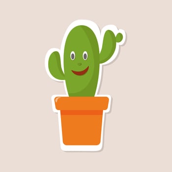 Color Sticker with funny cartoon cactus. Painted smiling Kawaii character. Flower with eyes. House plant with white outline. Vector illustration