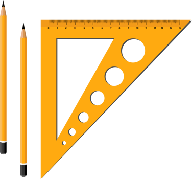 Geometric triangle in orange for drawing shapes with a set of circles different sizes two pencils png