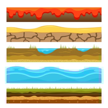 Ground, soil, water surface, for custom games. 2D game platform. Vector illustration of earth, sandy lava