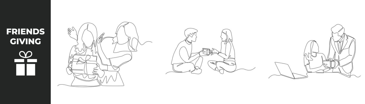 Single one line drawing friends giving concept set. Happy girl giving surprise to her friend, Happy boy giving gift box to his sister and Male giving gift box to his wife. Vector illustration.