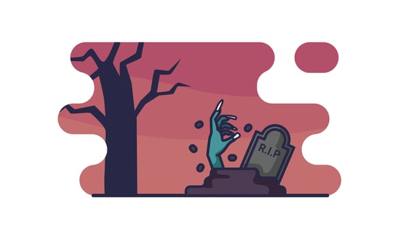 Hand Rise up from the gravestone cartoon. Halloween night vector Illustration isolated on a white background.