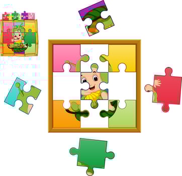 Jigsaw Puzzle Education Game with kid wearing animal costume caterpillar vector